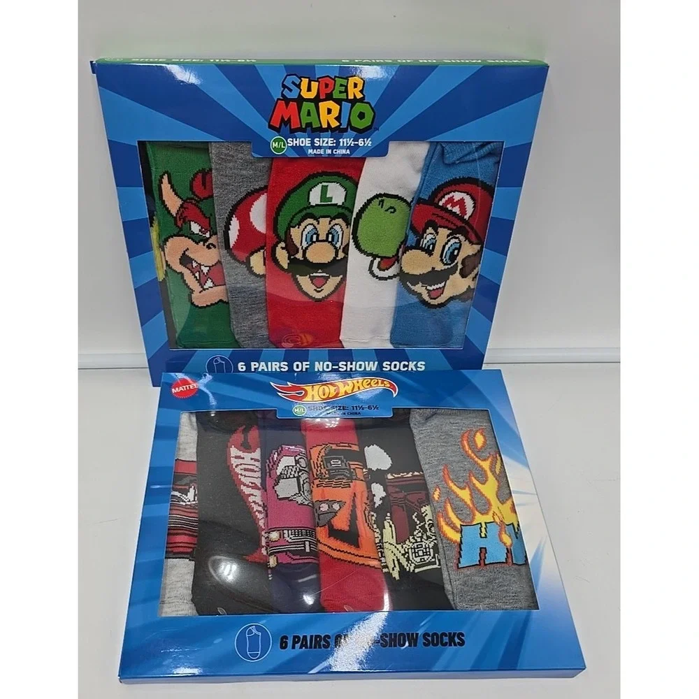 NEW Super Mario Hot Wheels Boys No-Show Socks M/L 12-Pack Shoe 11 1/2 -‎ 61/2